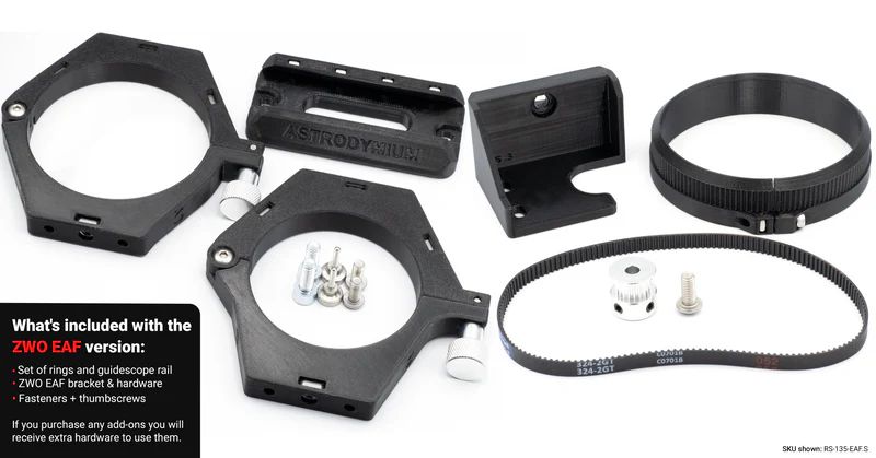 Side view of Astrodymium V6 Ring Mount System with ZWO EAF & ASIAIR for Rokinon - Samyang 135mm F2 Lens
