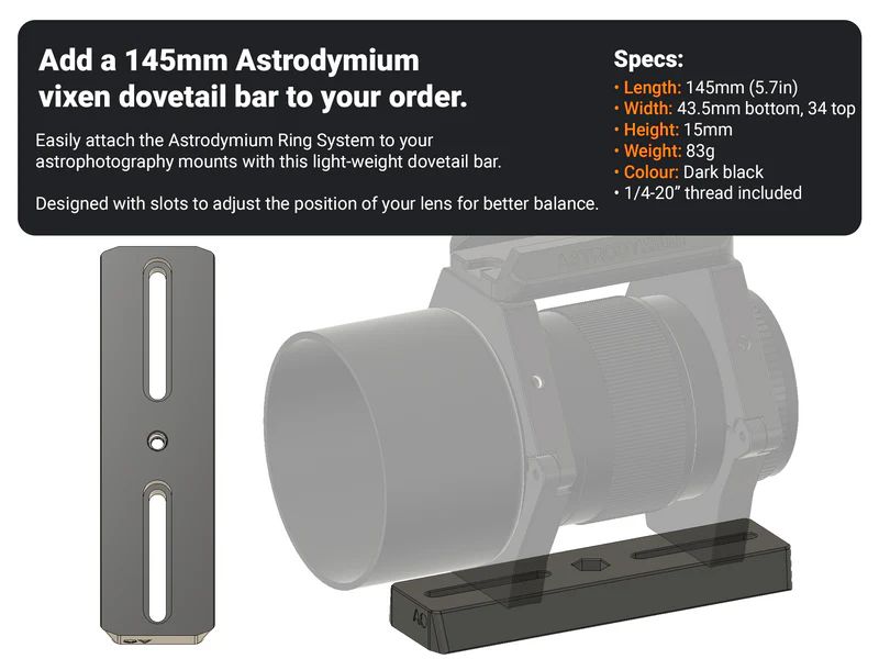 Side view of Astrodymium V6 Ring Mount System with ZWO EAF & ASIAIR for Rokinon - Samyang 135mm F2 Lens