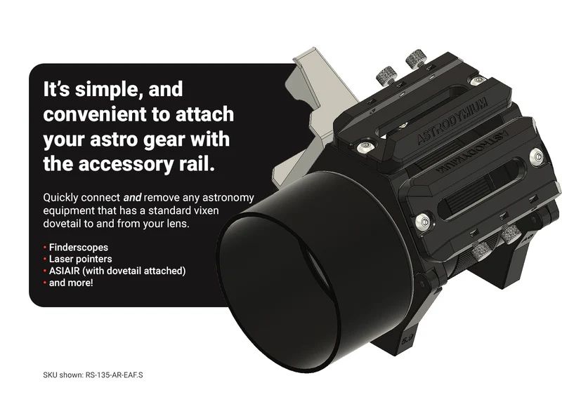 Side view of Astrodymium V6 Ring Mount System with ZWO EAF & ASIAIR for Rokinon - Samyang 135mm F2 Lens