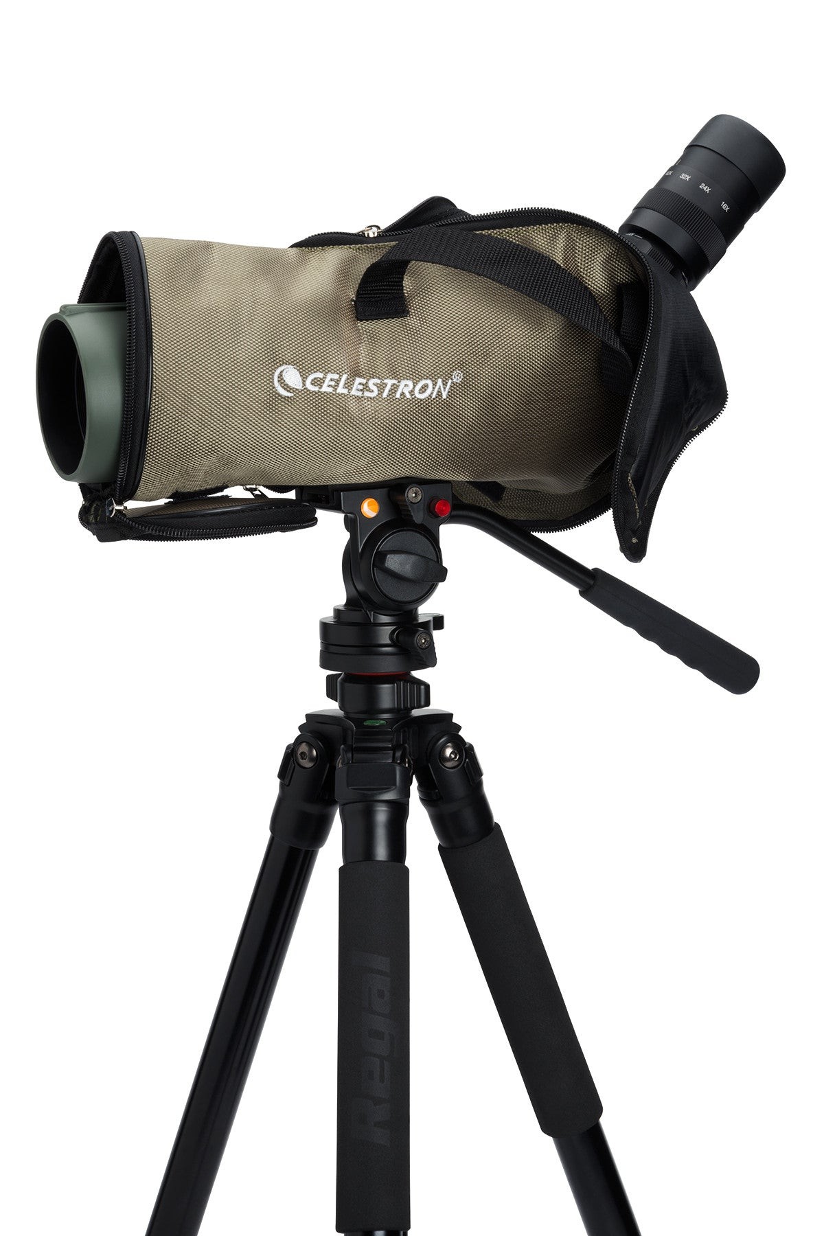 SIDE VIEW OF CELESTRON SPOTTING SCOPE REGAL M2 16-48X65MM ED ANGLED ZOOM