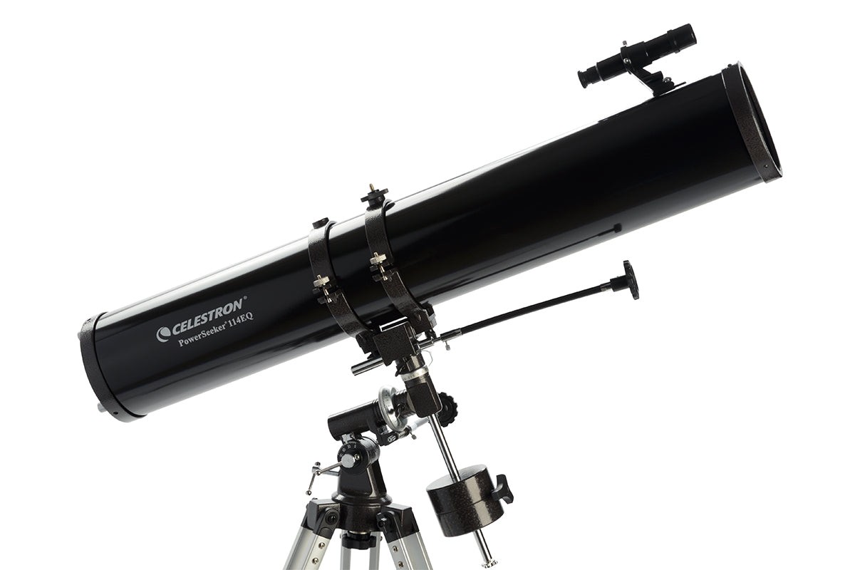 Side view of Celestron PowerSeeker 114EQ Telescope with Motor Drive and Phone Adapter