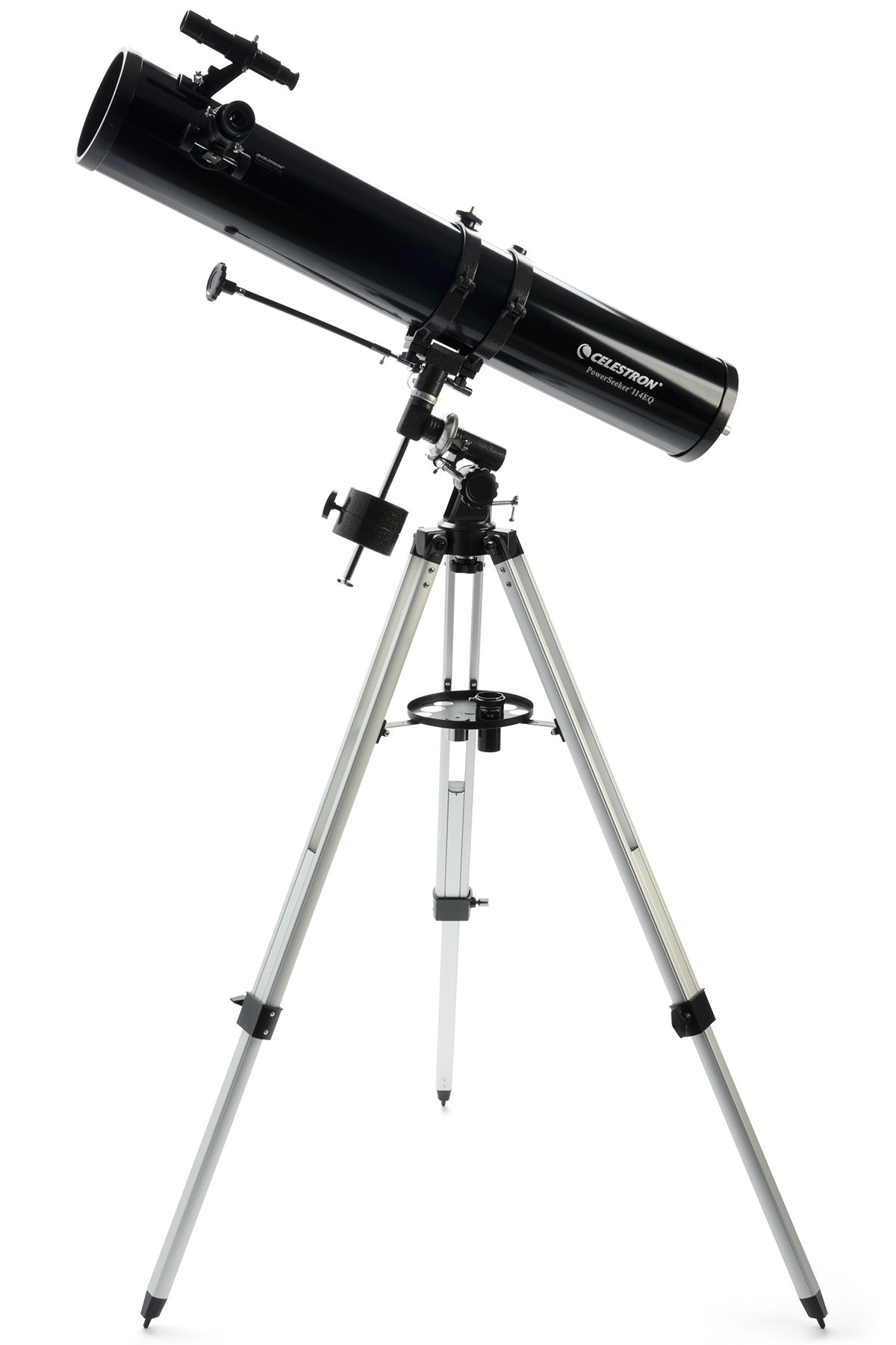 Side view of Celestron PowerSeeker 114EQ Telescope with Motor Drive and Phone Adapter