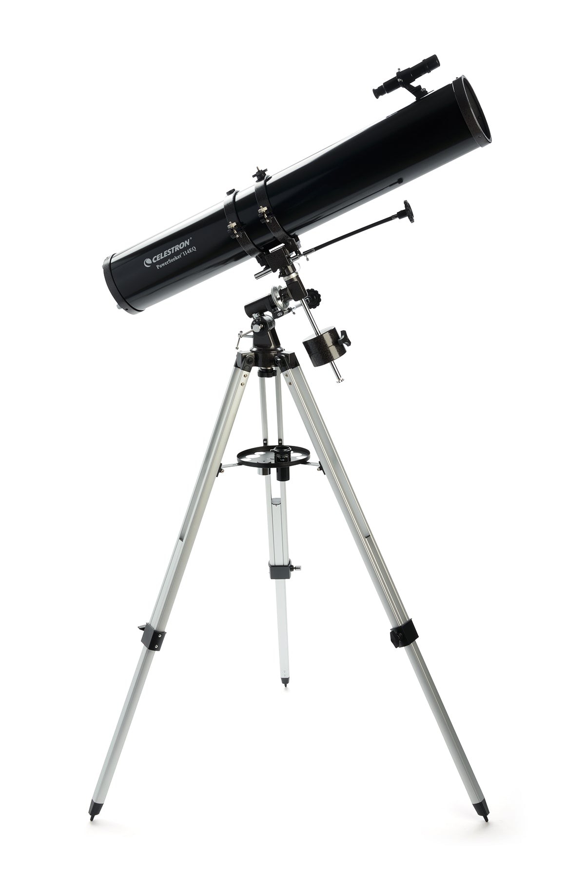 Side view of Celestron PowerSeeker 114EQ Telescope with Motor Drive and Phone Adapter
