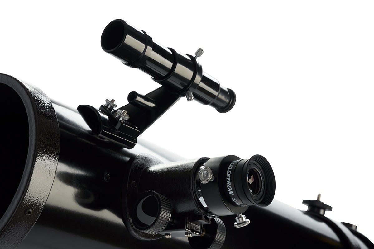 Side view of Celestron PowerSeeker 114EQ Telescope with Motor Drive and Phone Adapter