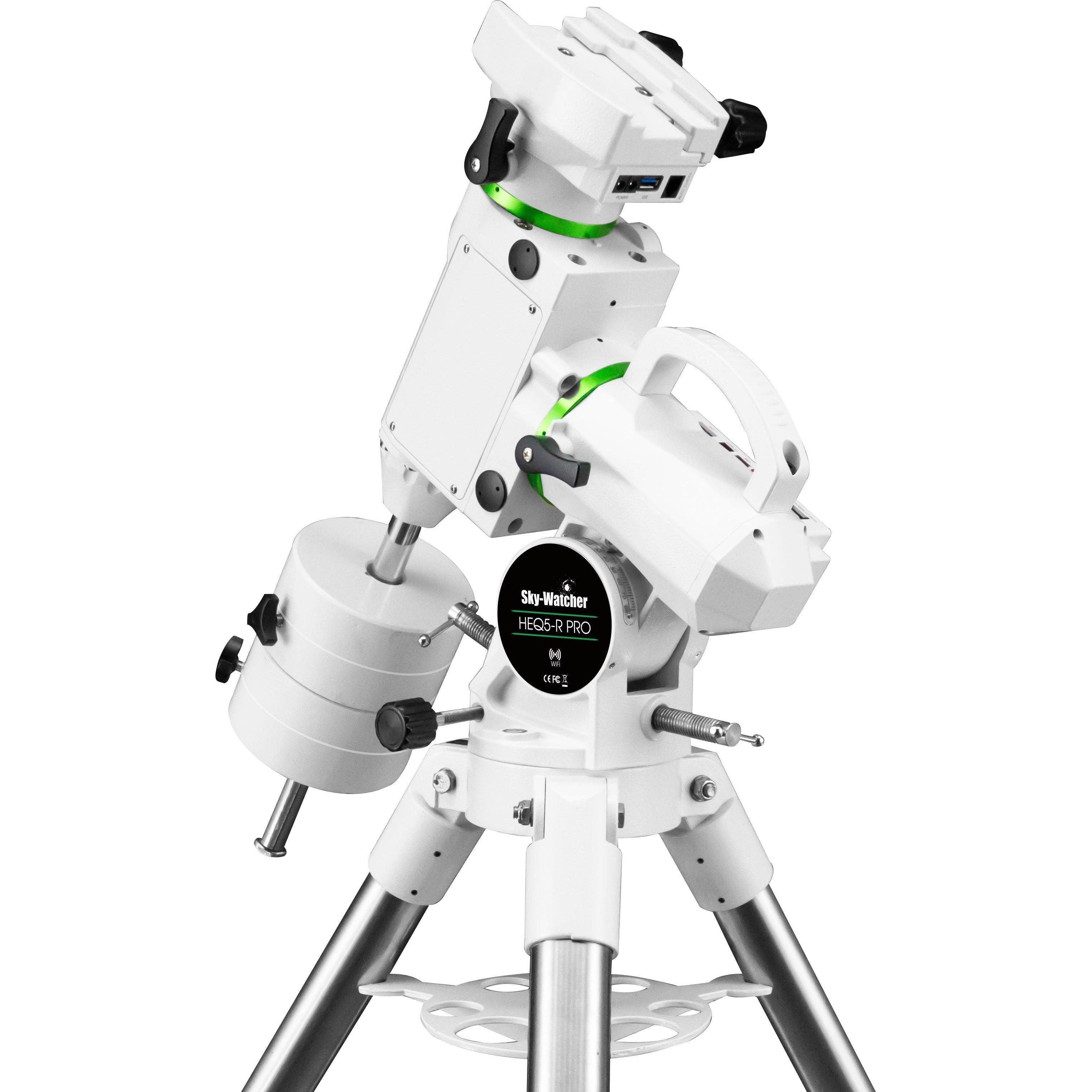 Side view of Sky-Watcher HEQ5-R Pro equatorial telescope mount showing its mechanical construction